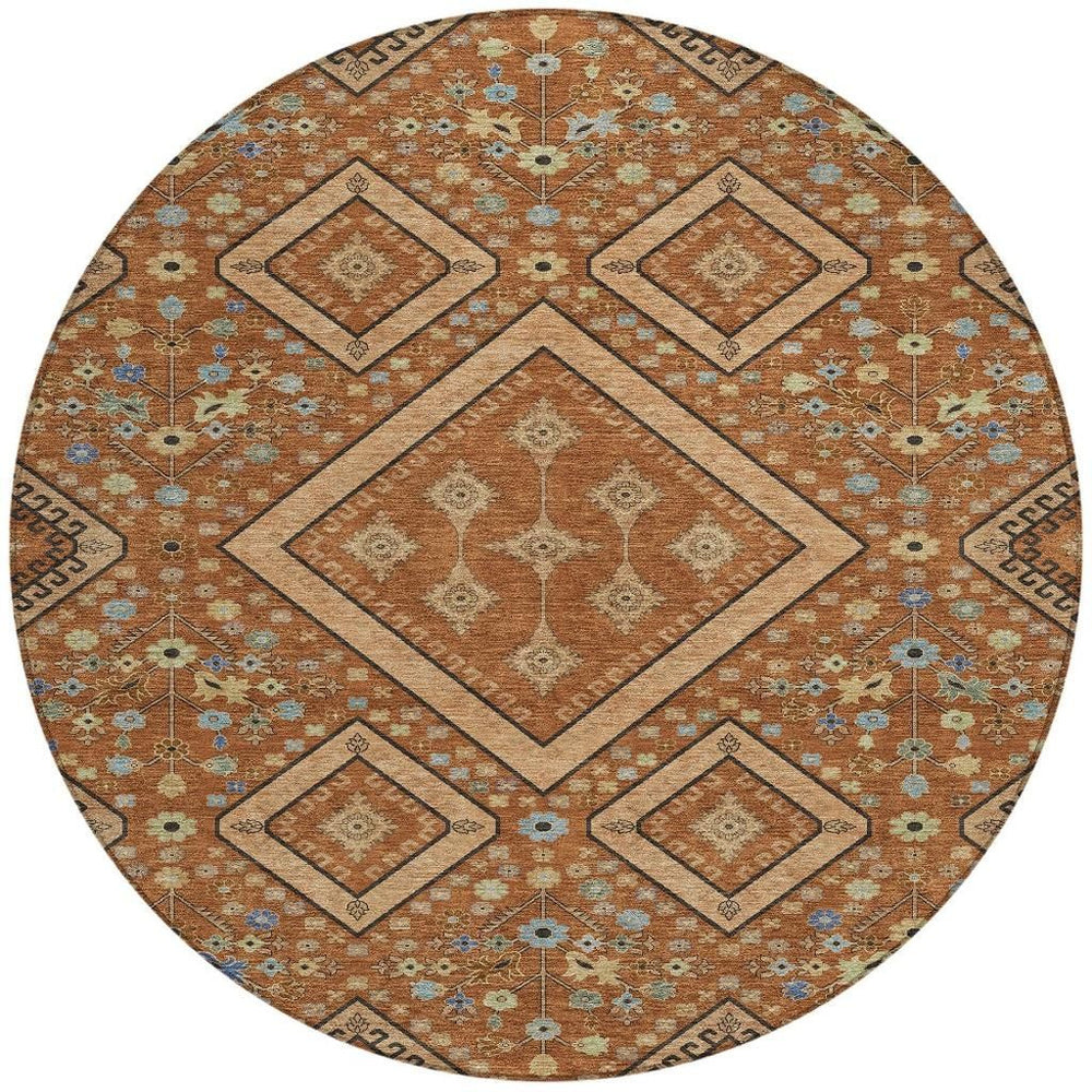 HomeRoots 8 Ft Round Medallion Indoor Outdoor Rug Washable Polyester Patio Entryway Accent 725734
