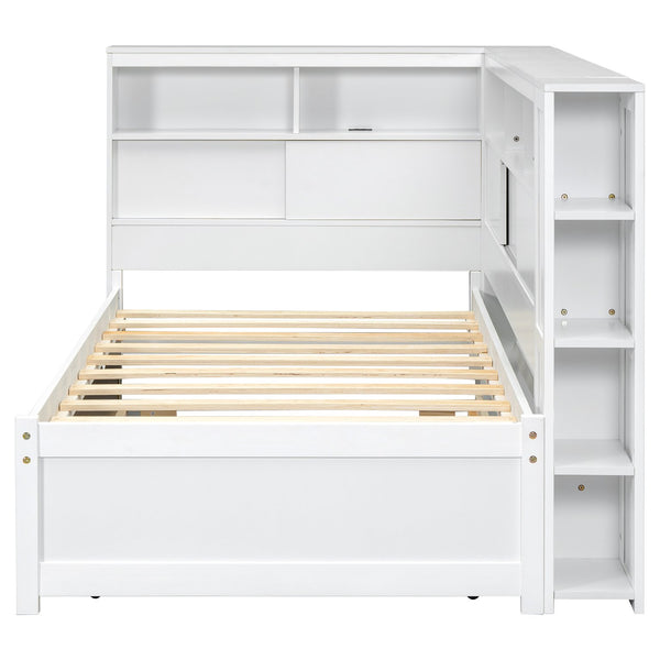 English Elm Twin Daybed with Built-In Shelves, USB Port & Trundle — Solid Pine Frame, Sturdy Storage and Smooth Wheels for Space-Saving Sleep Solutions White GX000467AAK