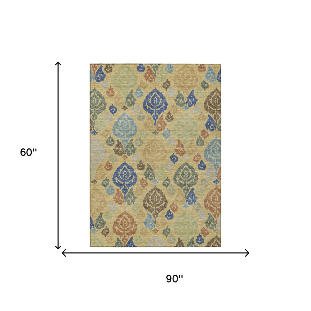 Damask Polyester Area Rug Washable Indoor Outdoor Patio and Living Room Low Profile