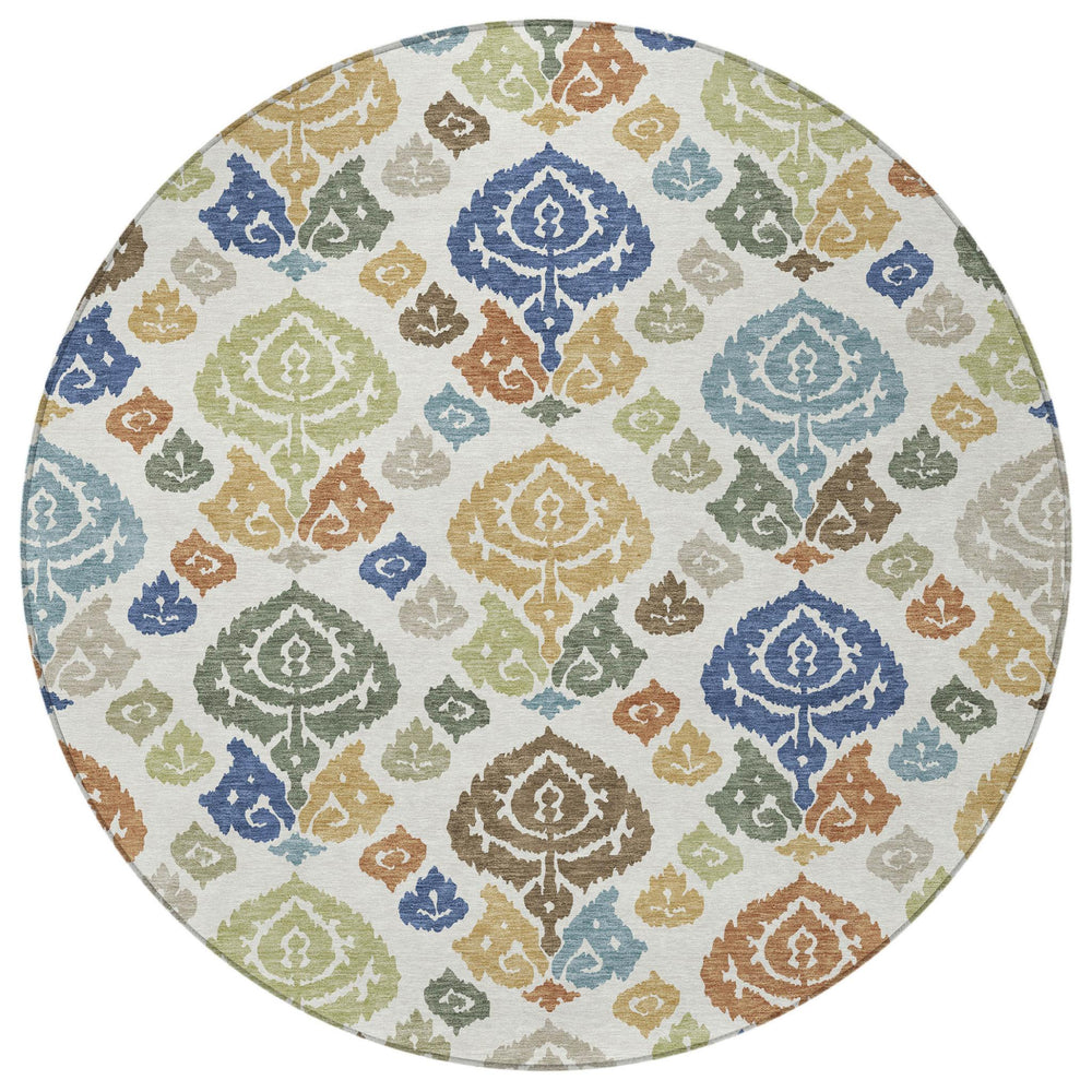 8 Foot Round Damask Area Rug Washable Polyester Ivory Gold Indoor Outdoor Use