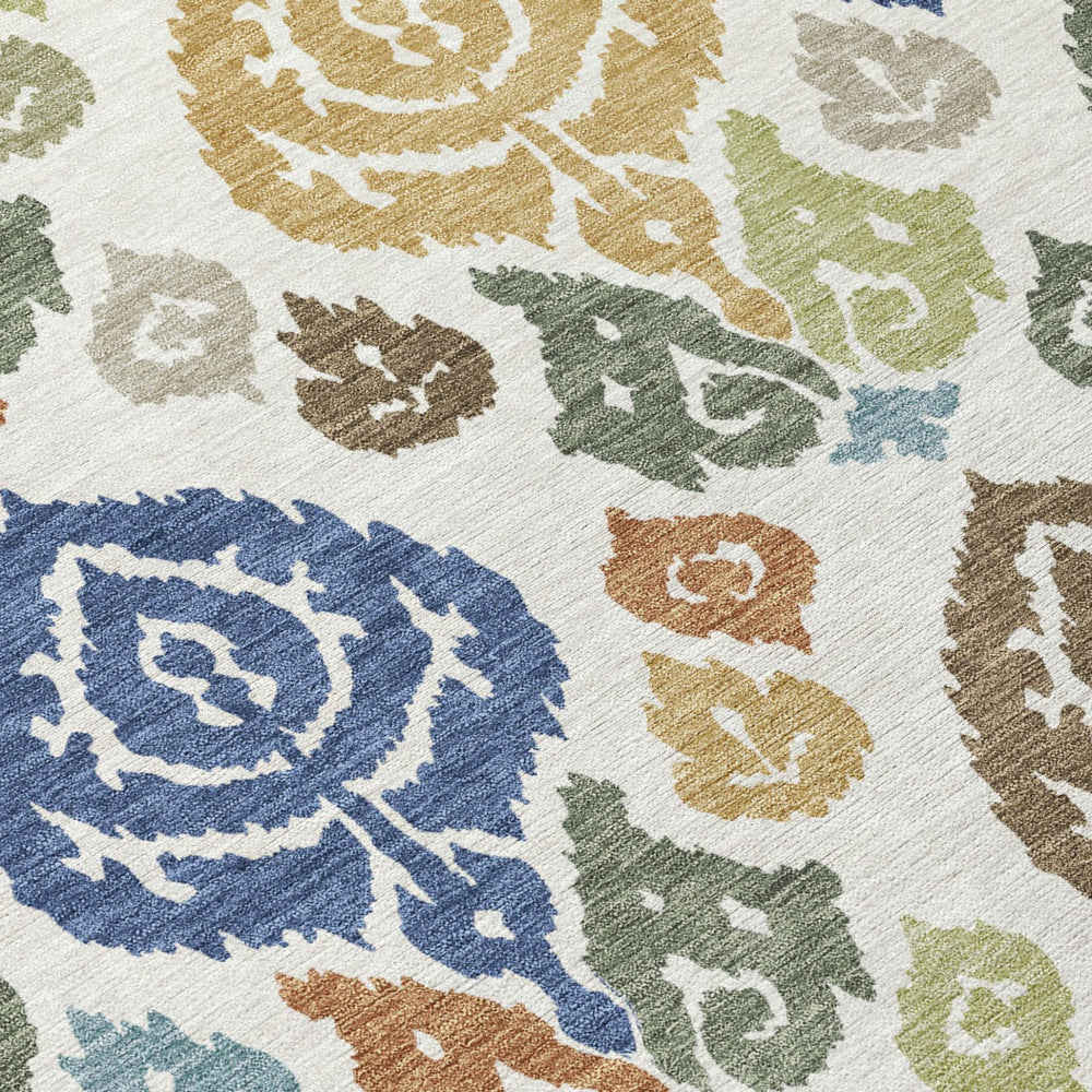 8 Foot Round Damask Area Rug Washable Polyester Ivory Gold Indoor Outdoor Use