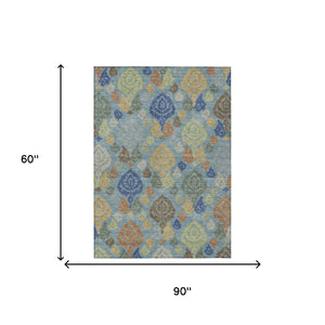 Damask Polyester Area Rug Washable Indoor Outdoor Teal Navy Pattern for Home and Patio