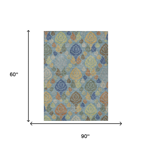 Damask Polyester Area Rug Washable Indoor Outdoor Teal Navy Pattern for Home and Patio