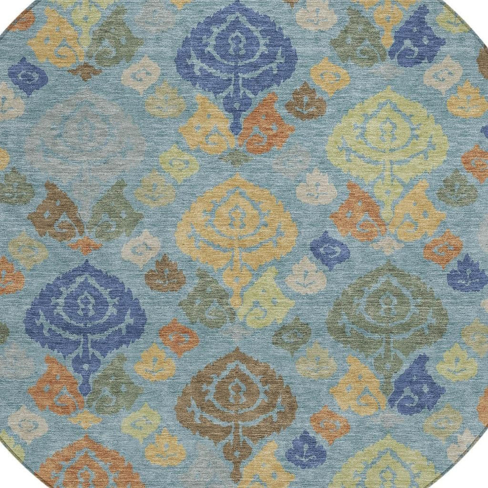 HomeRoots 8 Ft Round Damask Polyester Rug Washable Teal Navy for Patio or Entryway 725782