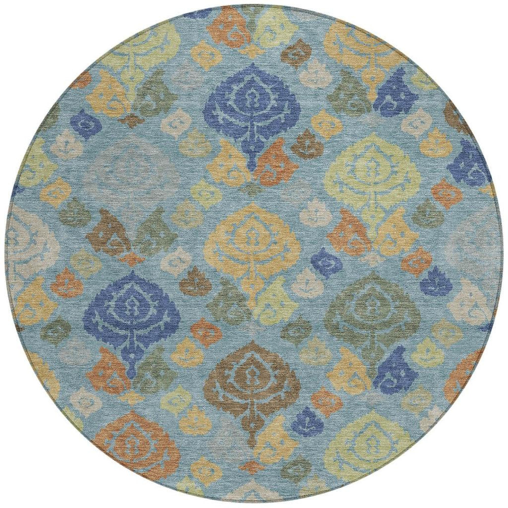 HomeRoots 8 Ft Round Damask Polyester Rug Washable Teal Navy for Patio or Entryway 725782