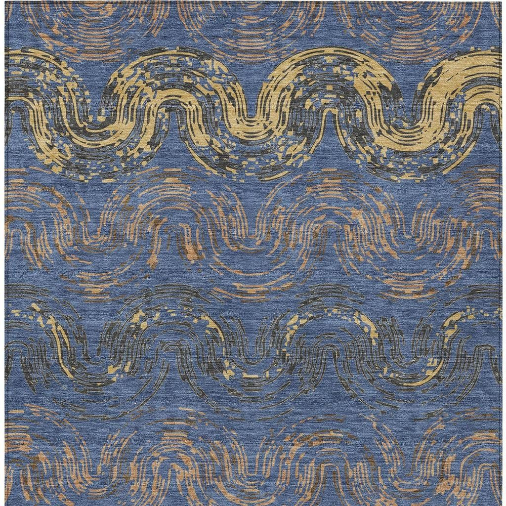 Abstract Navy Gold Polyester Area Rug Machine Washable for Indoor Outdoor Patio and Living Room