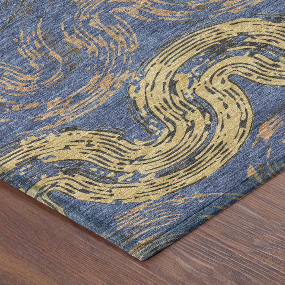 Abstract Navy Gold Polyester Area Rug Machine Washable for Indoor Outdoor Patio and Living Room