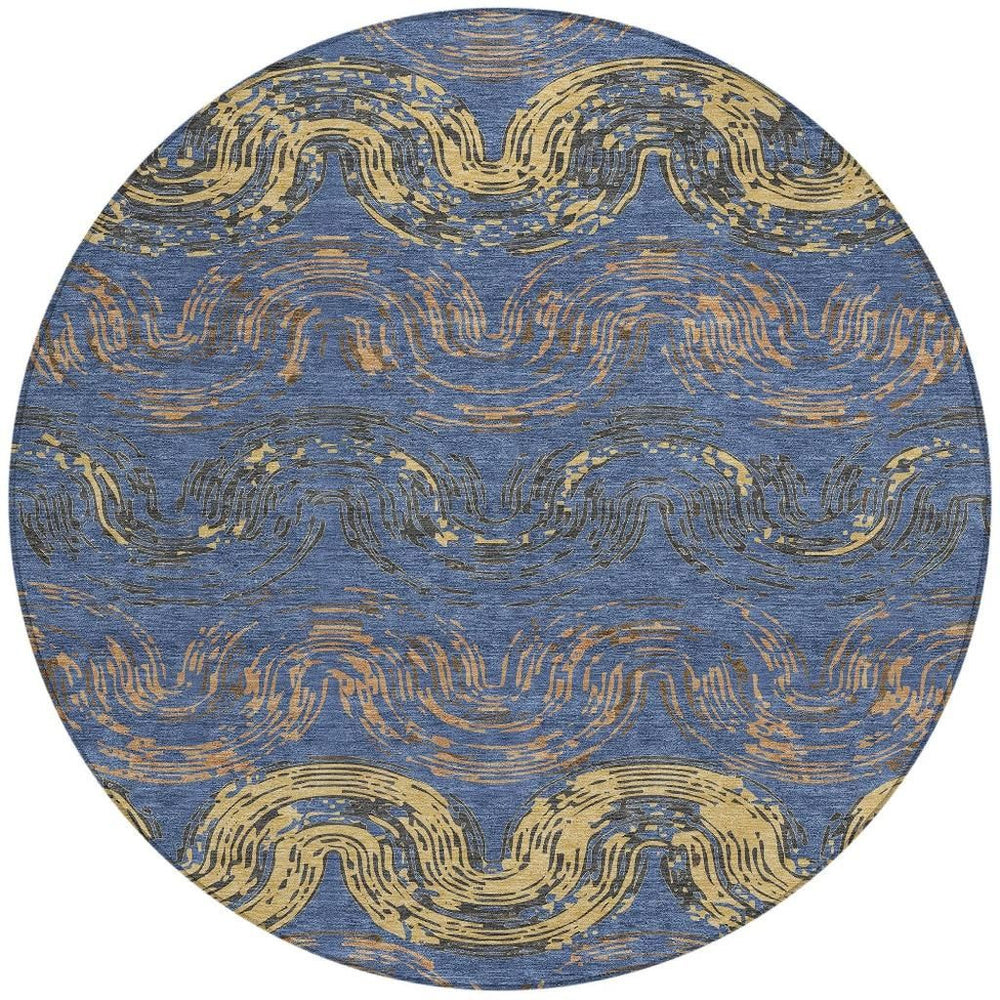 8 Foot Round Abstract Polyester Area Rug Washable Navy Gold Indoor Outdoor