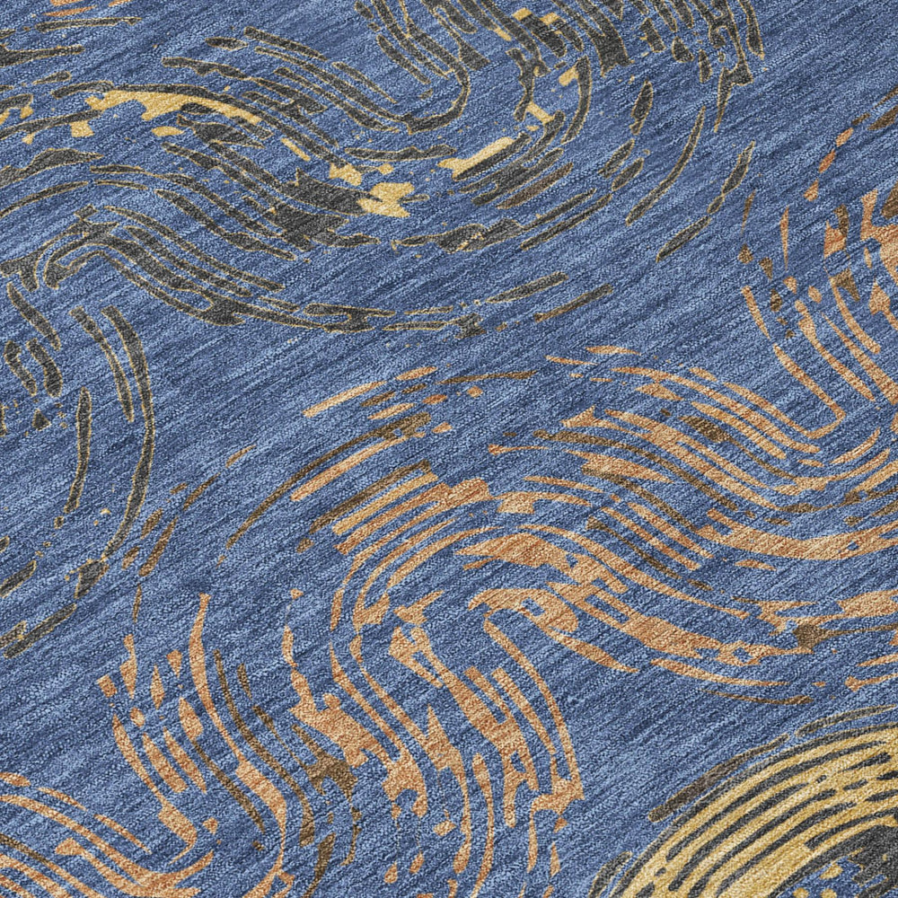 8 Foot Round Abstract Polyester Area Rug Washable Navy Gold Indoor Outdoor
