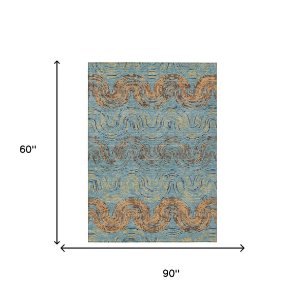 Abstract Teal Wheat Washable Polyester Area Rug for Indoor Outdoor Patio or Living Room
