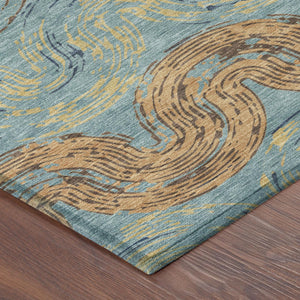 Abstract Teal Wheat Washable Polyester Area Rug for Indoor Outdoor Patio or Living Room