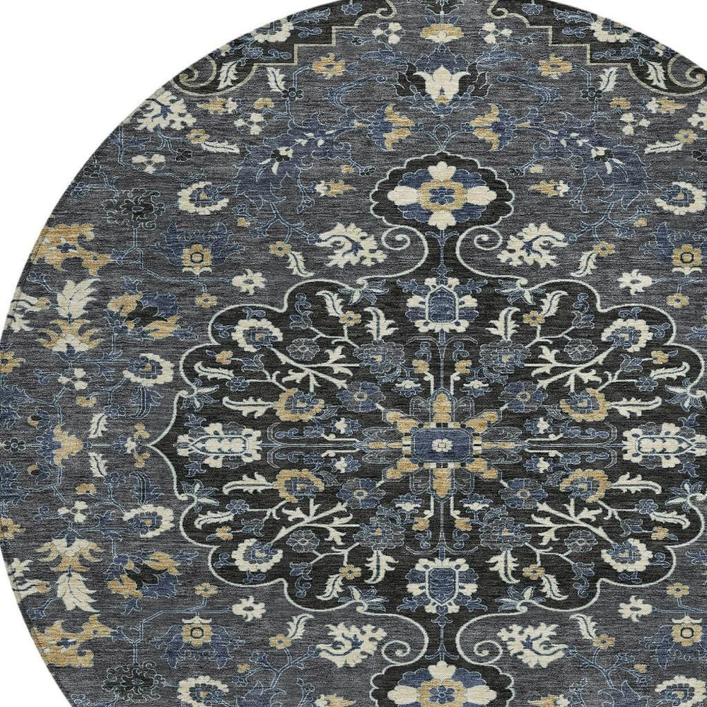 HomeRoots 8 Ft Round Floral Medallion Polyester Area Rug for Indoor Outdoor Patios and Foyers 725854