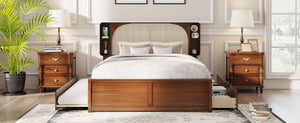 English Elm Queen Size Rattan Headboard Bed With Trundle, Drawers & Elegant Walnut Finish For Versatile Style N820S00013D-GIGA