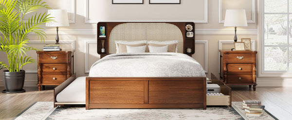 English Elm Queen Size Rattan Headboard Bed With Trundle, Drawers & Elegant Walnut Finish For Versatile Style N820S00013D-GIGA