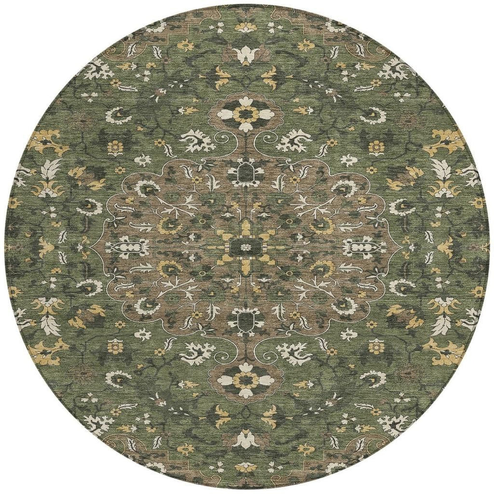 HomeRoots 8 Foot Round Washable Polyester Rug Floral Medallion for Patio and Entryway 725860