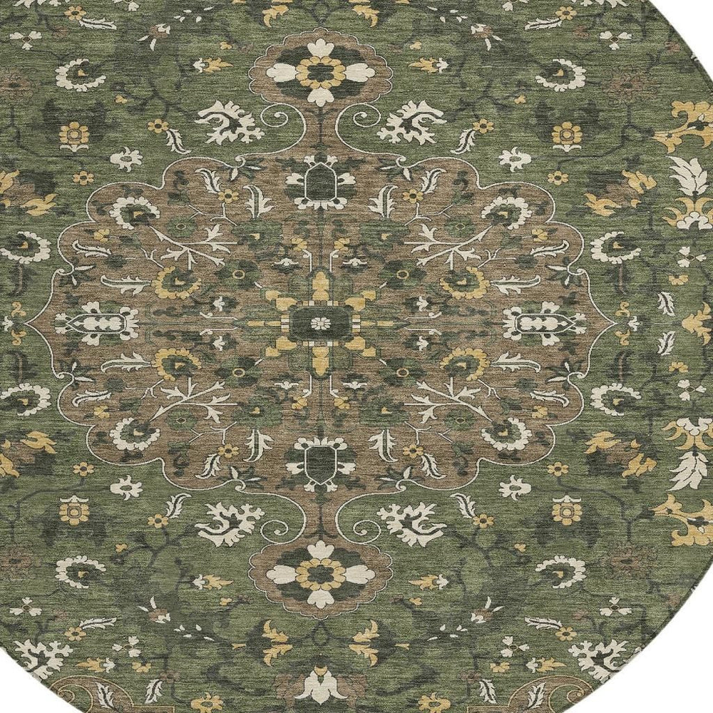 HomeRoots 8 Foot Round Washable Polyester Rug Floral Medallion for Patio and Entryway 725860