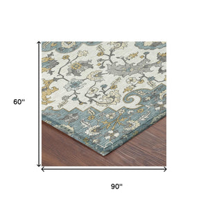 Floral Medallion Washable Polyester Area Rug Low Pile Indoor Outdoor Teal Ivory Patio