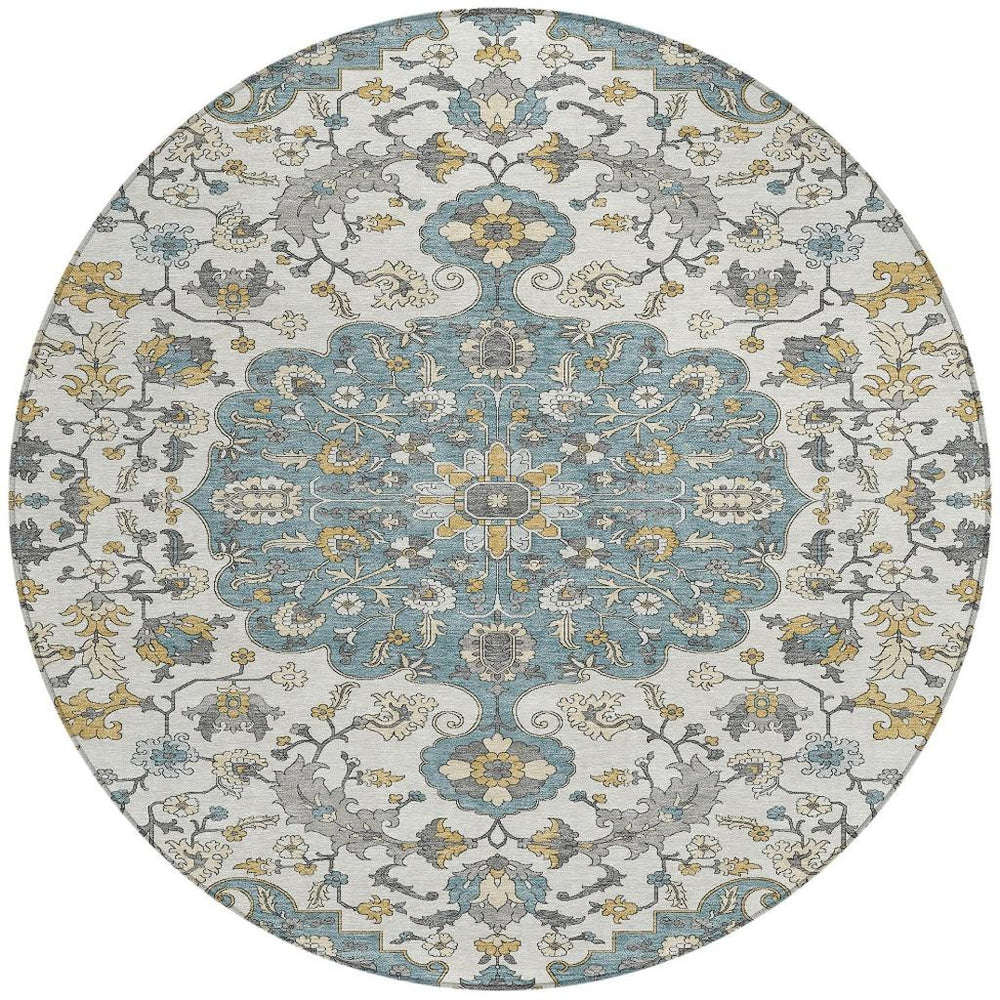 HomeRoots 8 Ft Round Medallion Floral Polyester Rug Washable for Patio Porch or Foyer 725902