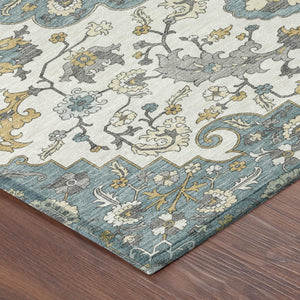Floral Medallion Washable Polyester Area Rug Low Pile Indoor Outdoor Teal Ivory Patio
