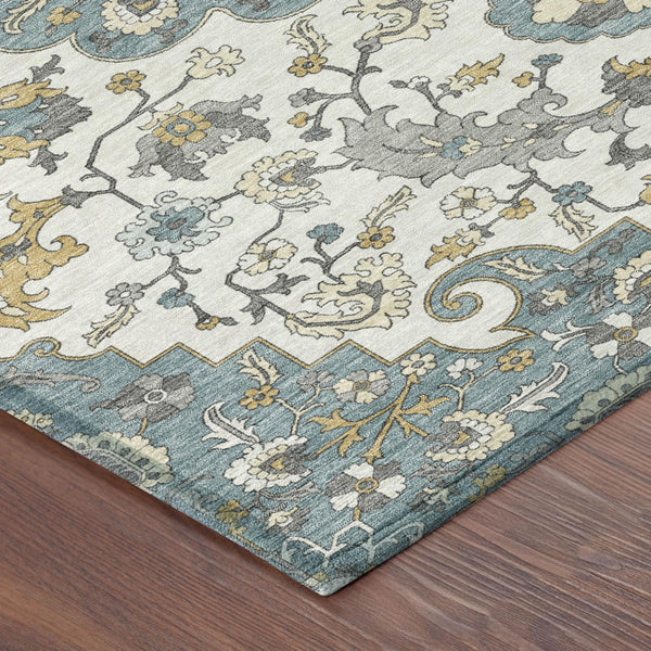 Floral Medallion Washable Polyester Area Rug Low Pile Indoor Outdoor Teal Ivory Patio