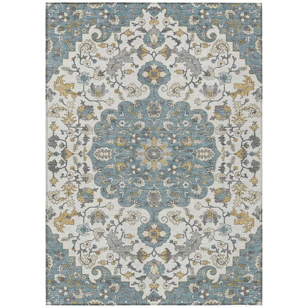 Floral Medallion Washable Polyester Area Rug Low Pile Indoor Outdoor Teal Ivory Patio