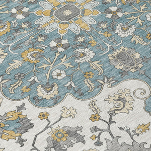 Floral Medallion Washable Polyester Area Rug Low Pile Indoor Outdoor Teal Ivory Patio