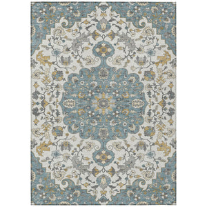 Floral Medallion Washable Polyester Area Rug Low Pile Indoor Outdoor Teal Ivory Patio