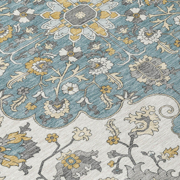 Floral Medallion Washable Polyester Area Rug Low Pile Indoor Outdoor Teal Ivory Patio