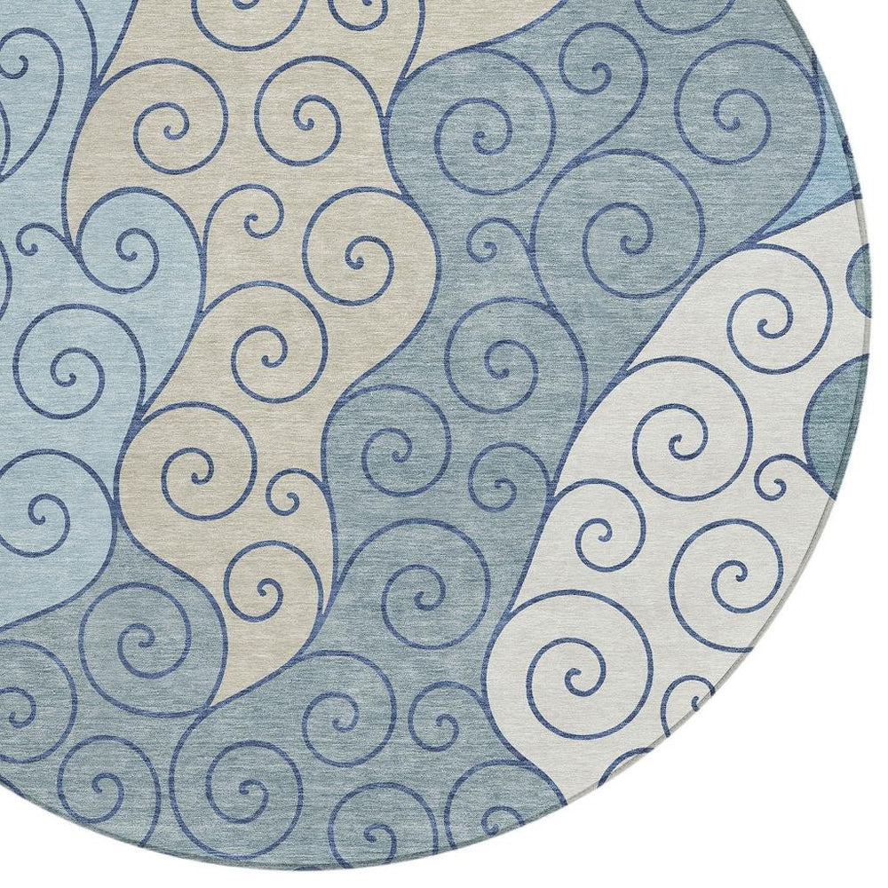 HomeRoots 8 Ft Round Abstract Washable Polyester Area Rug for Patios Porches and Indoor Spaces 725938