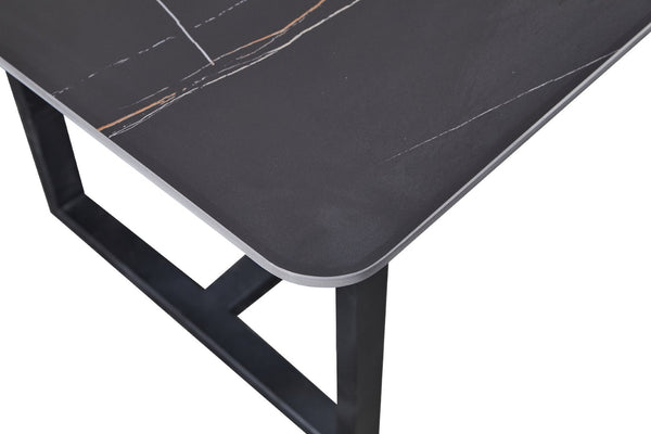 English Elm Carbon Steel Dining Table with Stone Top and Matte Black Frame for Modern Rooms W1002S00002