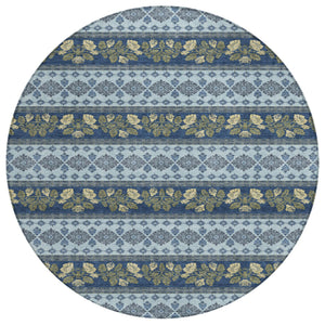 8 Ft Round Striped Polyester Area Rug Machine Washable Indoor Outdoor Navy Blue