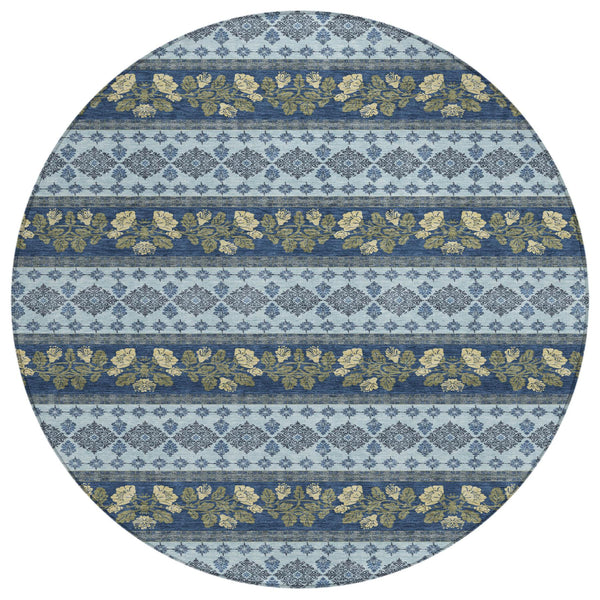 8 Ft Round Striped Polyester Area Rug Machine Washable Indoor Outdoor Navy Blue
