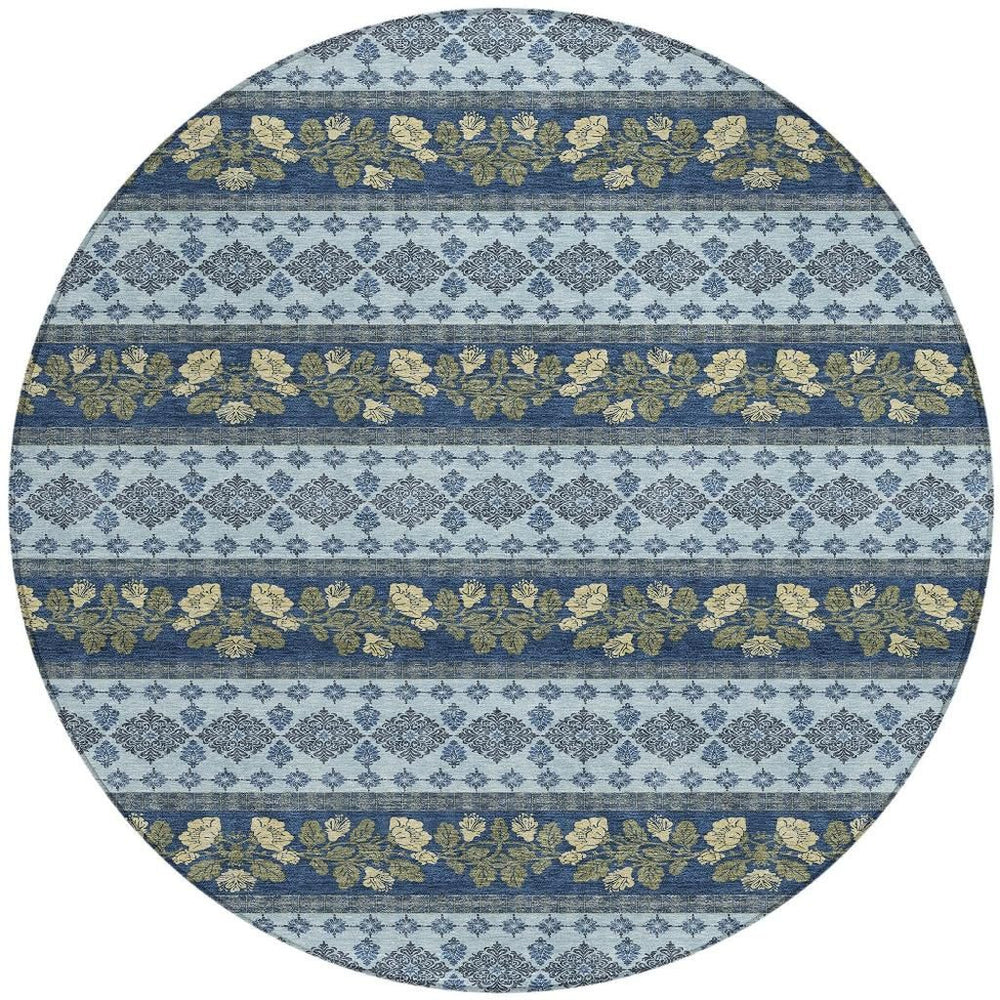 8 Ft Round Striped Polyester Area Rug Machine Washable Indoor Outdoor Navy Blue