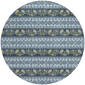 8 Ft Round Striped Polyester Area Rug Machine Washable Indoor Outdoor Navy Blue