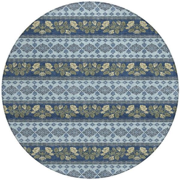 8 Ft Round Striped Polyester Area Rug Machine Washable Indoor Outdoor Navy Blue
