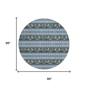 8 Ft Round Striped Polyester Area Rug Machine Washable Indoor Outdoor Navy Blue