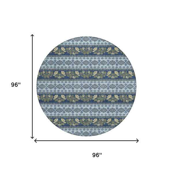 8 Ft Round Striped Polyester Area Rug Machine Washable Indoor Outdoor Navy Blue