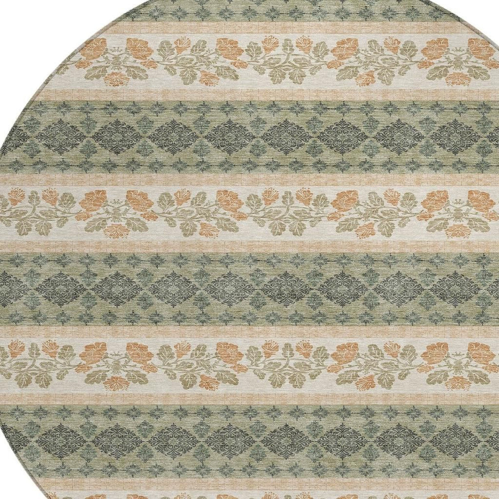 HomeRoots 8 Ft Round Striped Polyester Indoor Outdoor Rug Washable Sage Ivory Patio Decor 725992