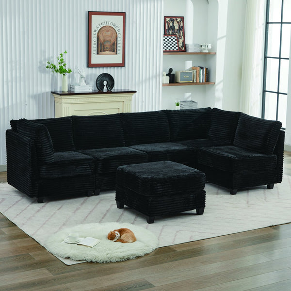 English Elm Corduroy Plush U-Shaped Sectional Sofa with Storage Ottoman, Pet-Friendly Durable Modular Comfort Black W2915S00063