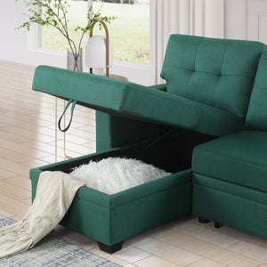 English Elm Convertible Upholstered Sectional Sofa with Pull-out Chaise Sleeper and Storage Green B2730S00004
