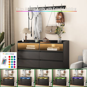 English Elm Living Room Sideboard Storage Cabinet Black with 6 Drawers, RGB Light Strip, Sturdy MDF Design W1321P288794