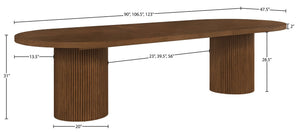 Meridian Furniture Belinda Oak Veneer Extendable Dining Table with Fluted Pedestal Base for Elegant Rooms Brown 90" / 106.5" / 123" 725Brown-T