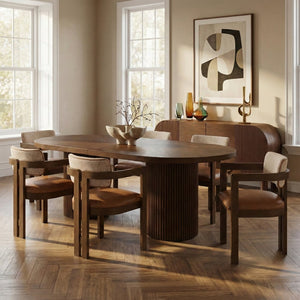 Meridian Furniture Belinda Oak Veneer Extendable Dining Table with Fluted Pedestal Base for Elegant Rooms Brown 90" / 106.5" / 123" 725Brown-T