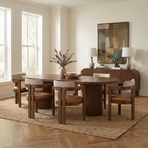 Meridian Furniture Belinda Oak Veneer Extendable Dining Table with Fluted Pedestal Base for Elegant Rooms Brown 90" / 106.5" / 123" 725Brown-T