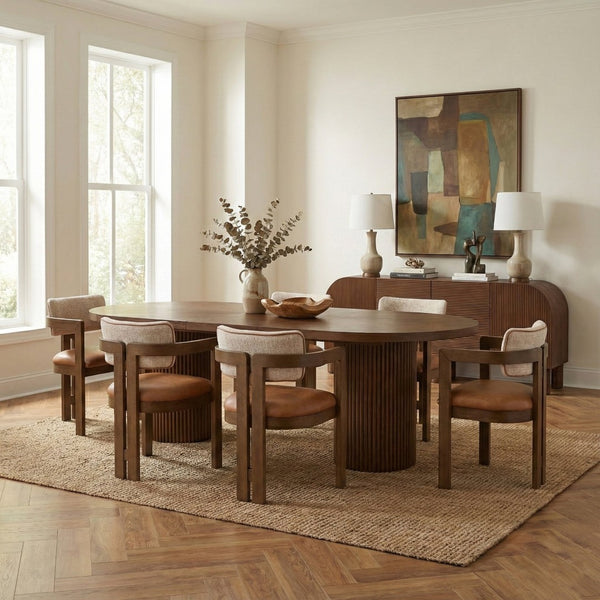 Meridian Furniture Belinda Oak Veneer Extendable Dining Table with Fluted Pedestal Base for Elegant Rooms Brown 90" / 106.5" / 123" 725Brown-T