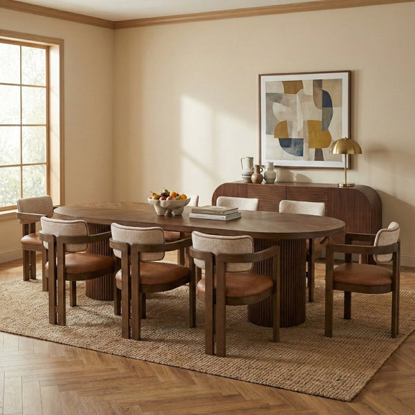 Meridian Furniture Belinda Oak Veneer Extendable Dining Table with Fluted Pedestal Base for Elegant Rooms Brown 90" / 106.5" / 123" 725Brown-T