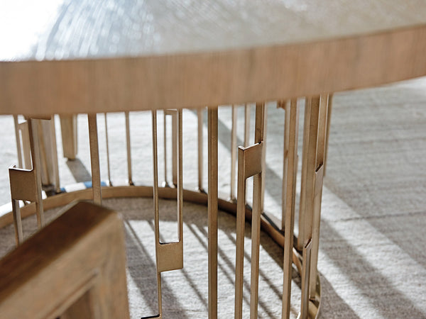 Lexington Rendezvous Contemporary Round Metal Dining Table With Elegant Glass Top And Sophisticated Design Shadow Mist  725-875c