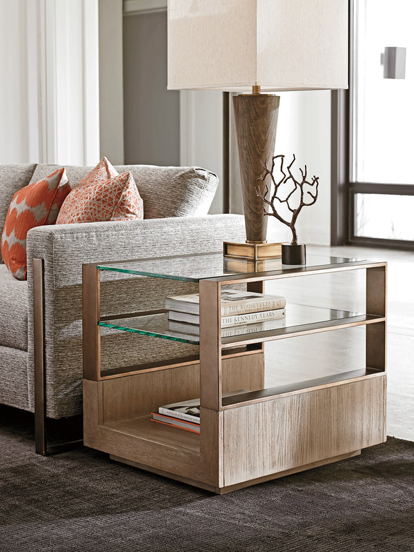 Lexington Center Stage Modern Rectangular Lamp Table With Glass Top And Elegant Burnished Silver Accents Shadow Mist  725-955