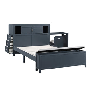 English Elm Gray Full Platform Bed with Bookcase Headboard Fold Out Desk Drawers and Footboard Bench Navy Blue B011S02313
