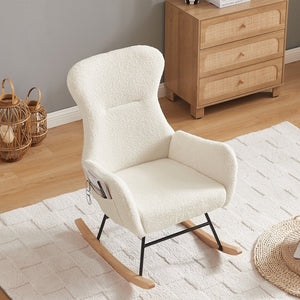 English Elm Beige Teddy Fabric Rocking Armchair with High Back for Nursery or Living Room W3985P400394